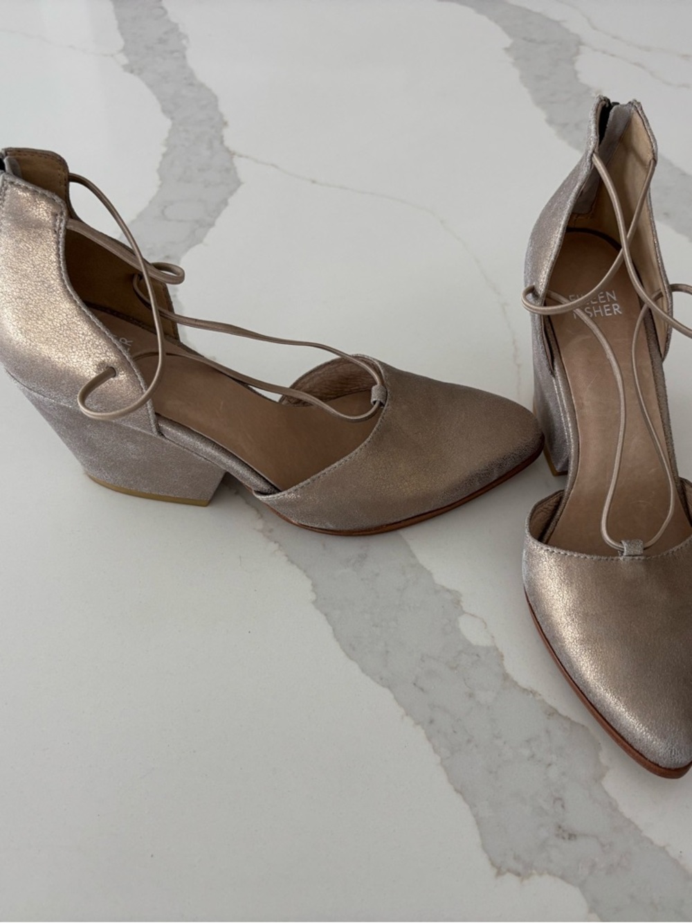 Eileen Fisher Metallic Rose Gold Lace-Up Block Heel Pumps